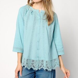 NWT LOGO by Lori Goldstein Teal Lace Crochet Detail Top 1X Relaxed